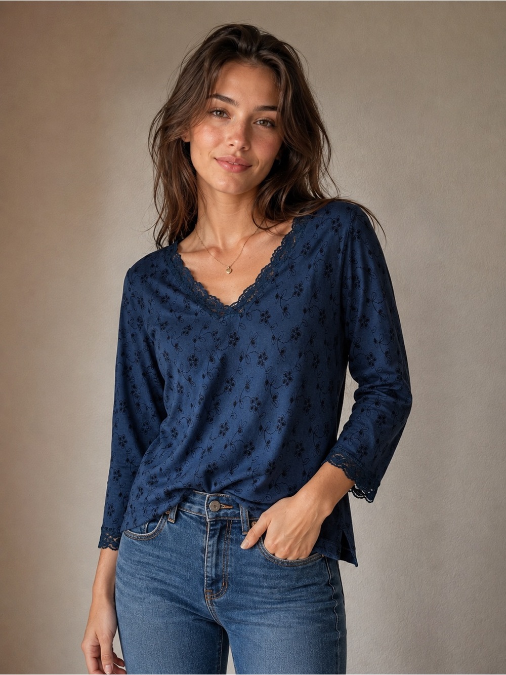 Angie Navy Lace-Trim V-Neck Long Sleeve Top